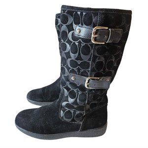 Coach Women's Tinah Monogram Black Suede Lined Buckle Mid Calf Boots Size 8 B.